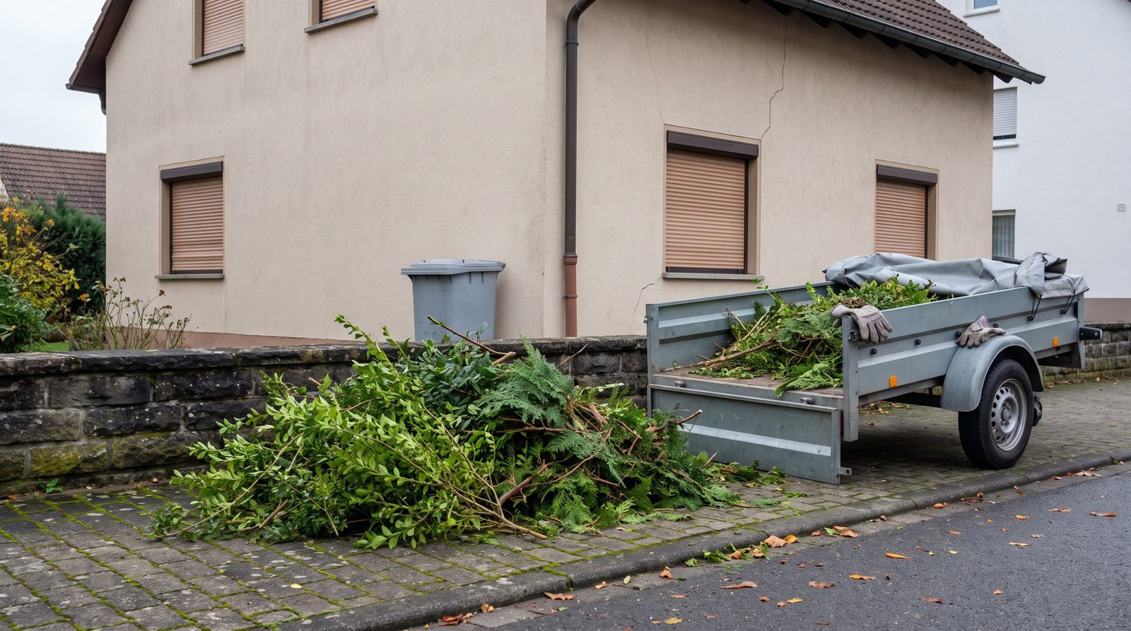 Ein Haufen Heckenschnitt am Bordstein vor einem Haus, daneben ein halb beladener Anhänger.
