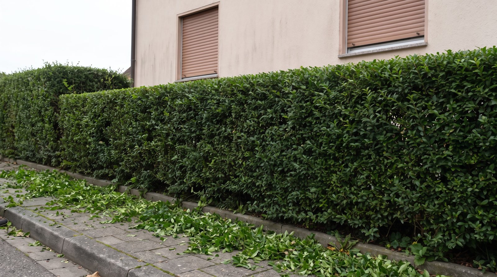 Eine frisch geschnittene Ligusterhecke vor einer beigen Hauswand mit braunen Rollläden, Schnittgut liegt auf dem Gehweg.