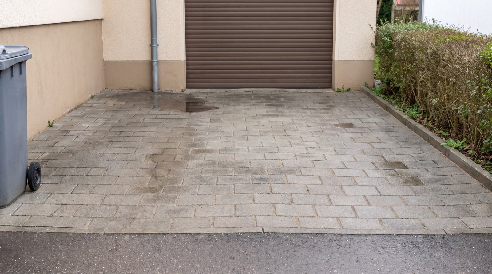 Eine gereinigte Einfahrt aus hellgrauen Pflastersteinen vor einem Garagentor.